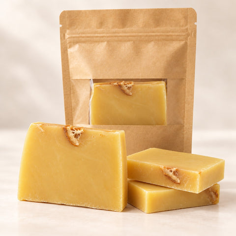 Slice of Sunshine orange soap slices topped with dried orange, with a kraft window pouch