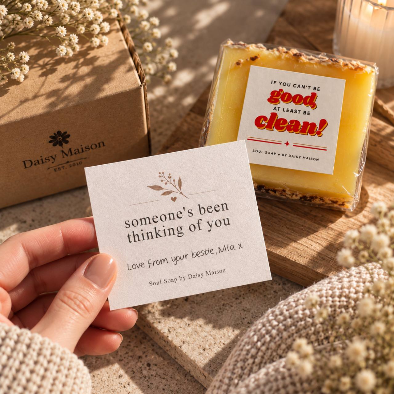 Someone’s been thinking of you — handwritten Soul Soap gift note shown with example wording beside a wrapped soap