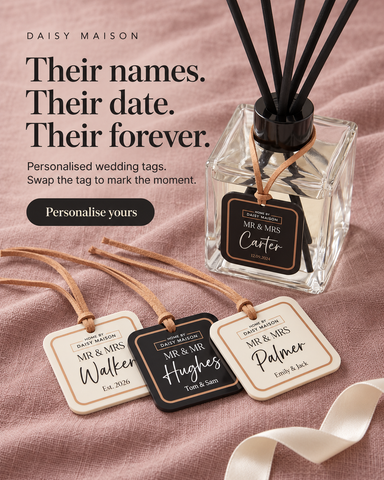 Personalised wedding reed diffuser on rose fabric with Carter, Walker, Hughes and Palmer wedding tag designs